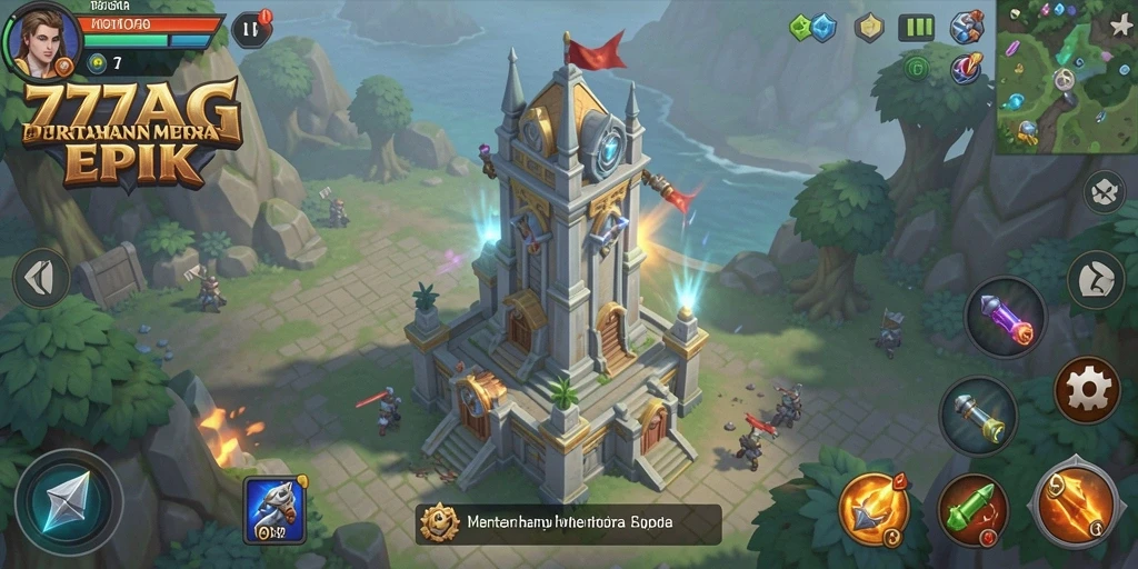 Tampilan gameplay menara bertahan yang menegangkan di 77AG.