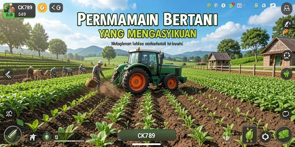 Screenshot utama CK789 memperlihatkan ladang hijau dan hasil panen yang melimpah.