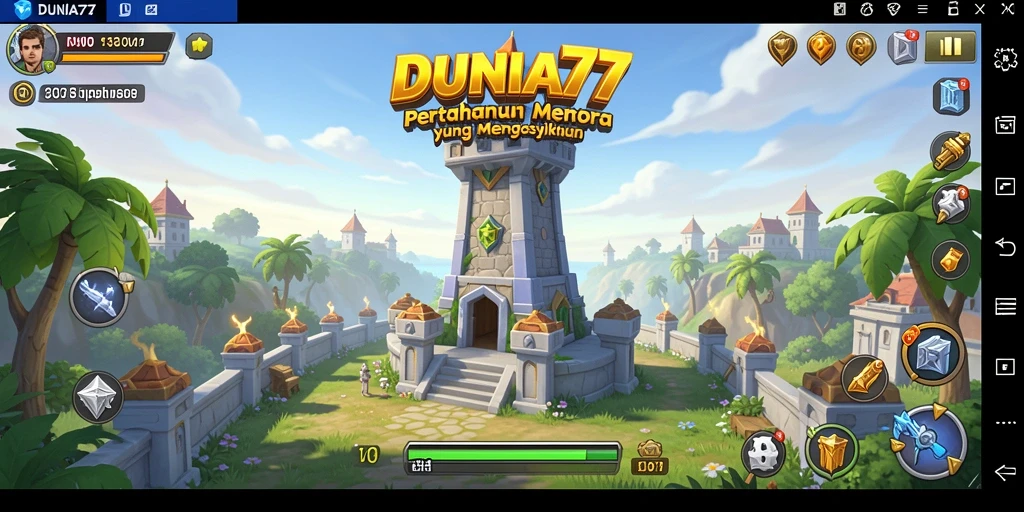 Tampilan gameplay DUNIA77 dengan menara yang beragam.