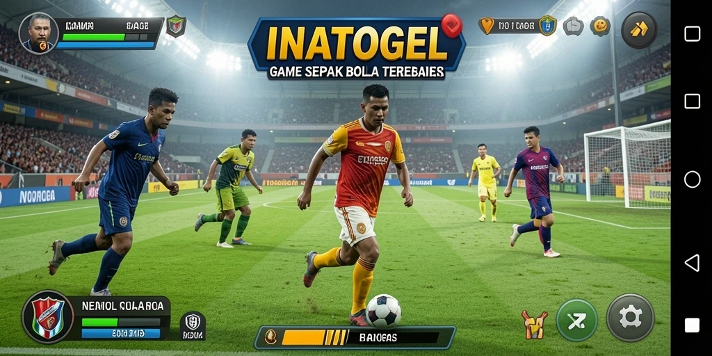 Screenshot gameplay INATOGEL menampilkan aksi sepak bola yang intens.