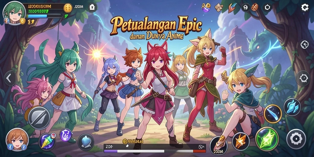 Screenshot utama J200M menunjukkan karakter anime dalam aksi pertarungan yang mendebarkan.