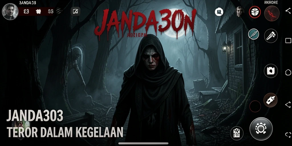 Tampilan gameplay JANDA303 dengan suasana menegangkan saat menjelajahi area angker.