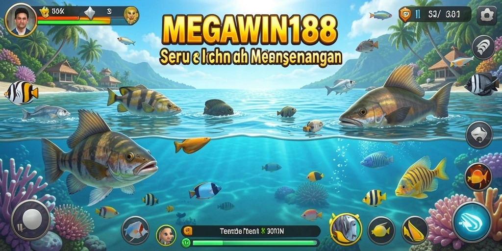 Tampilan gameplay seru MEGAWIN188 saat menangkap berbagai ikan.