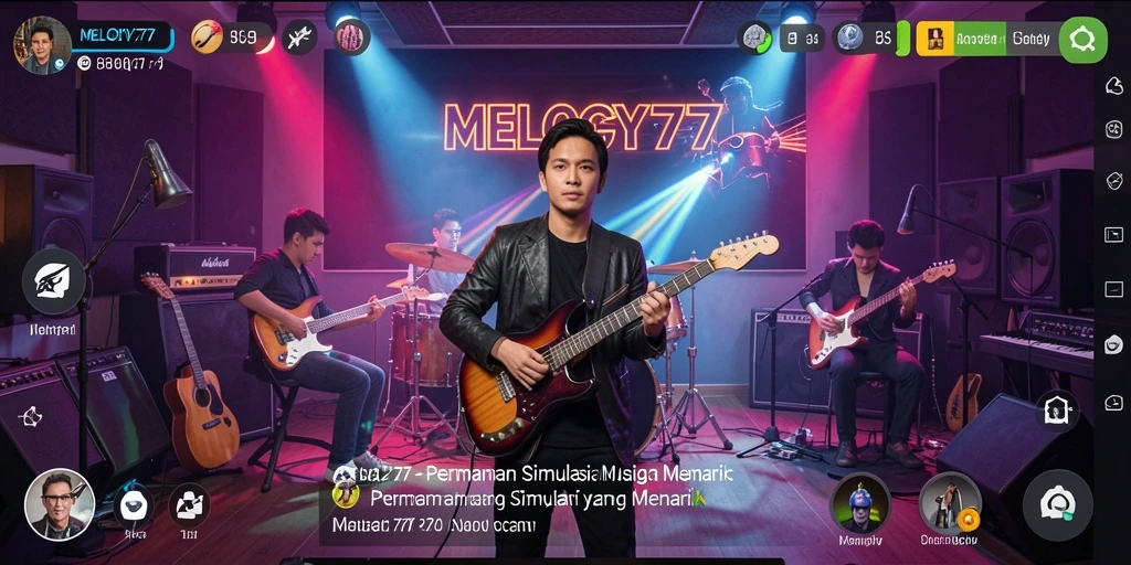 Tampilan gameplay <strong>MELODY77</strong> dengan suasana studio musik yang berwarna-warni.
