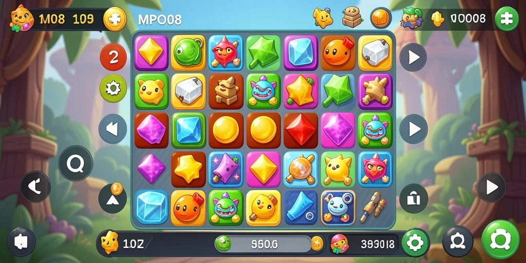 Tampilan gameplay MPO08 dengan elemen warna-warni dan efek menarik.