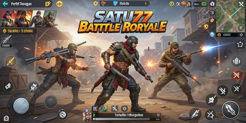 Screenshot gameplay SATU77 yang menggambarkan pertempuran mendebarkan di medan perang Battle Royale.