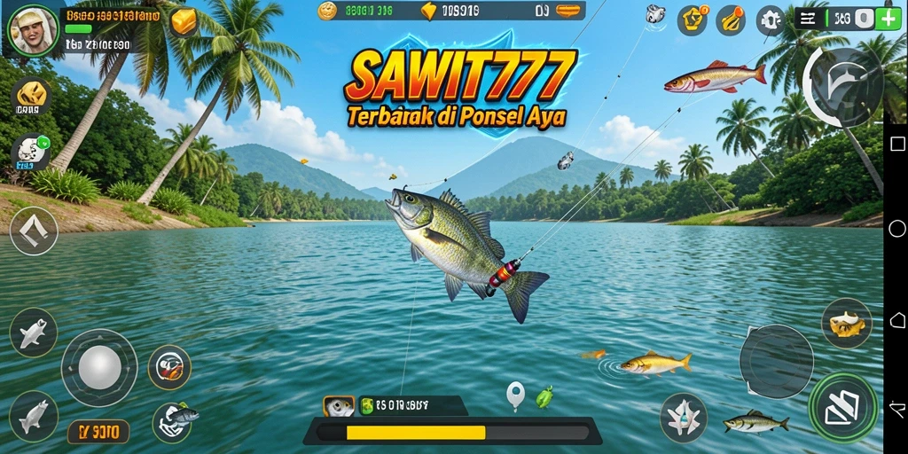 Tampilan gameplay seru dalam <strong>SAWIT777</strong> saat menangkap ikan besar.