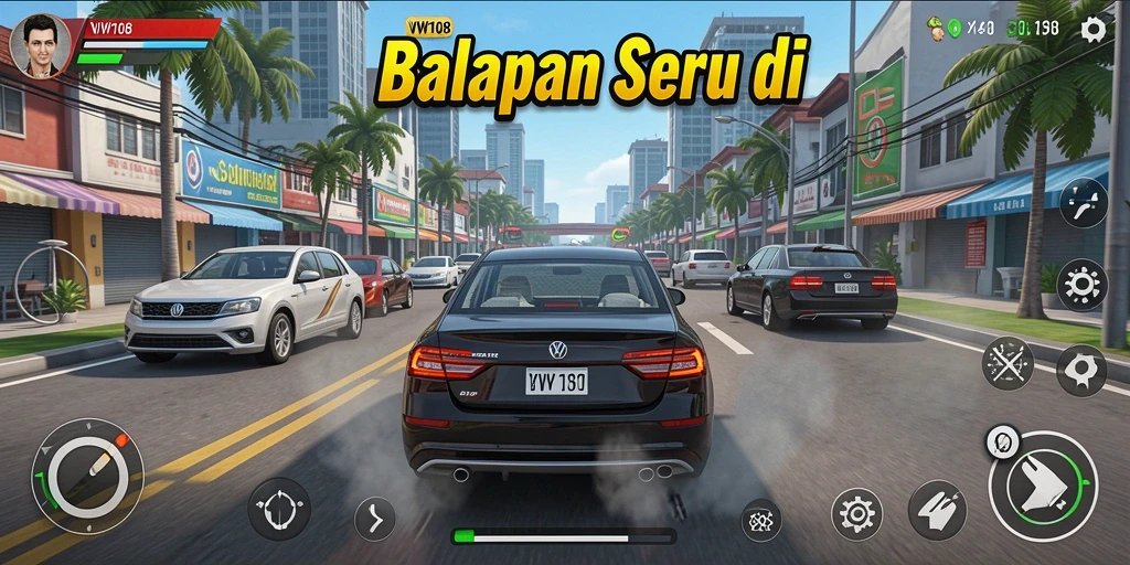 Screenshot VW108 menampilkan aksi balapan yang seru dan mendebarkan.